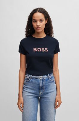 BOSS Orange Naisten T-Paita, ELOGO PRINT T-SHIRT Tummansininen