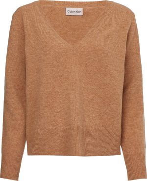 Calvin Klein, Naisten Neule, RECYCLED WOOL V-NECK SWEATER Konjakinruskea