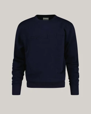 Gant Miesten Collagepaita, EMBOSSED SWEAT C-NECK Tummansininen