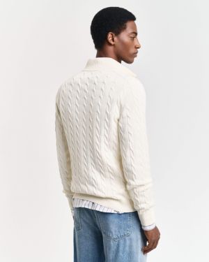 Gant miesten neule, COTTON CABLE HALF ZIP Luonnonvalkoinen