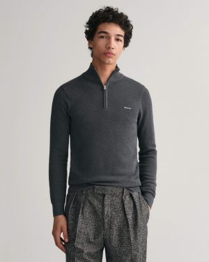 Gant miesten neule, COTTON PIQUE HALF ZIP Tummanharmaa