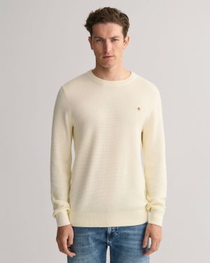 Gant Miesten Neule, COTTON TEXTURE C-NECK Luonnonvalkoinen