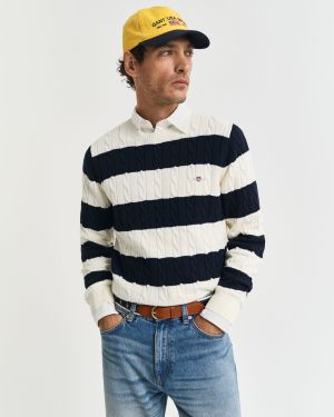 Gant miesten neule, STRIPED COTTON CABLE C-NECK Raidallinen Sininen