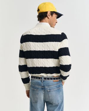 Gant miesten neule, STRIPED COTTON CABLE C-NECK Raidallinen Sininen