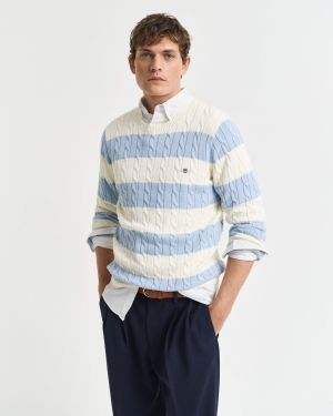 Gant miesten neule, STRIPED COTTON CABLE C-NECK Raita Vaaleansininen