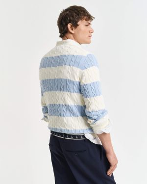 Gant miesten neule, STRIPED COTTON CABLE C-NECK Raita Vaaleansininen