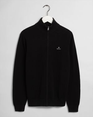 Gant Miesten Neuletakki, Cotton Pikee Zip Cardigan Musta