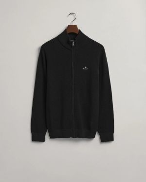 Gant Miesten Neuletakki, Cotton Pikee Zip Cardigan Musta