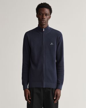 Gant Miesten Neuletakki, Cotton Pikee Zip Cardigan Tummansininen