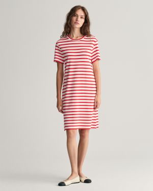 Gant Naisten Mekko, STRIPED SS T-SHIRT DRESS Raidallinen Punainen