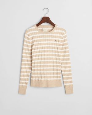 Gant naisten neulepusero, STRETCH COTTON CABLE STRIPE C-NECK Beige Kuosi