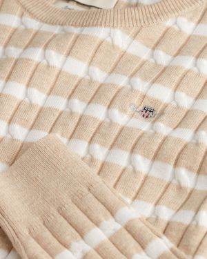 Gant naisten neulepusero, STRETCH COTTON CABLE STRIPE C-NECK Beige Kuosi