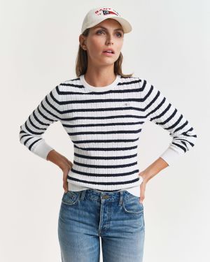 Gant naisten neulepusero, STRETCH COTTON CABLE STRIPE C-NECK Raidallinen Sininen