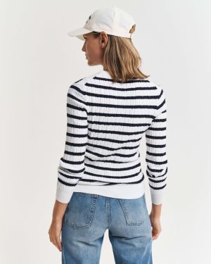 Gant naisten neulepusero, STRETCH COTTON CABLE STRIPE C-NECK Raidallinen Sininen