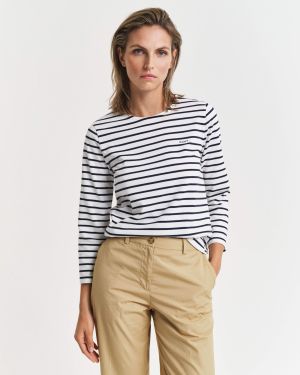 Gant naisten paita, REG BRETON C-NECK T-SHIRT Raidallinen Valkoinen