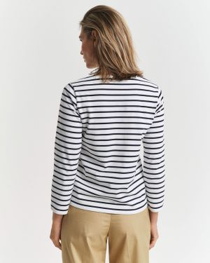 Gant naisten paita, REG BRETON C-NECK T-SHIRT Raidallinen Valkoinen