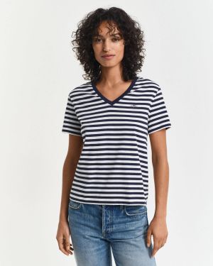 Gant naisten t-paita, REG STRIPED SHIELD V-NECK T-SHIRT Raidallinen Sininen