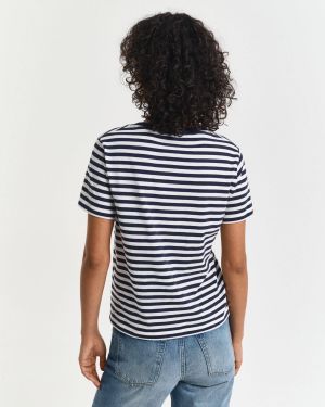 Gant naisten t-paita, REG STRIPED SHIELD V-NECK T-SHIRT Raidallinen Sininen