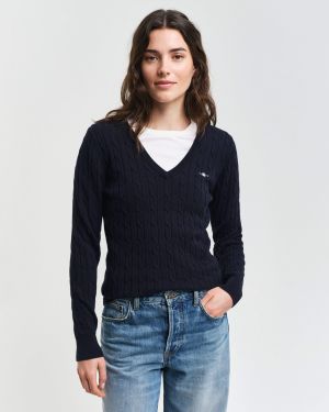 Gant neule,  STRETCH COTTON CABLE V-NECK Tummansininen