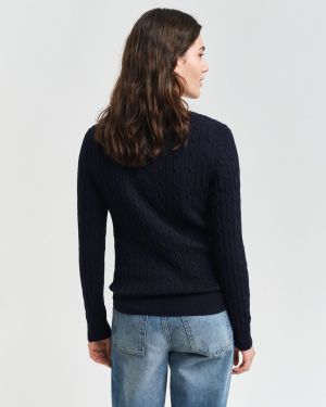 Gant neule,  STRETCH COTTON CABLE V-NECK Tummansininen