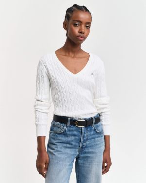 Gant neule,  STRETCH COTTON CABLE V-NECK Valkoinen