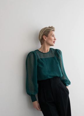 Gauhar Helsinki pusero, TULLE SLEEVE SHIRT BOTTLE GREEN Tummanvihreä