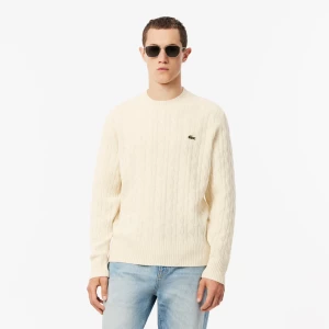 Lacoste Miesten Neulepusero, CABLE KNIT CARDED WOOL CREW NECK SWEATER Luonnonvalkoinen