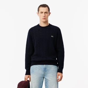 Lacoste Miesten Neulepusero, CABLE KNIT CARDED WOOL CREW NECK SWEATER Tummansininen