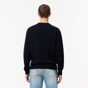 Lacoste Miesten Neulepusero, CABLE KNIT CARDED WOOL CREW NECK SWEATER Tummansininen