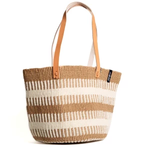 Mifuko Naisten Olkalaukku, Pamba shopper basket | White rib weave M Raidallinen Beige