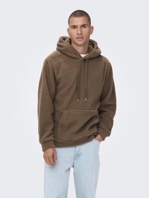 Only and Sons Miesten Huppari Teddy Hoodie Sweat Tummanruskea