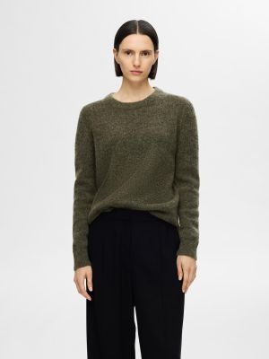 Selected Femme Naisten Neule, SLFSIA RAS LS KNIT O-NECK NOOS Armeijanvihreä