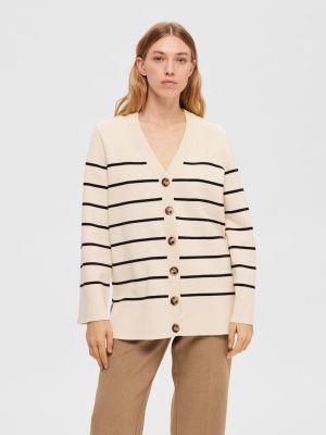 Selected Femme Naisten Neuletakki, K-SLFLIVA LS LONG KNIT CARDIGAN NOOS Raidallinen Beige