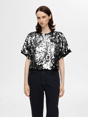 Selected Femme Naisten Pusero, SLFTANA 3/4 SEQUINS TOP Hopeanharmaa