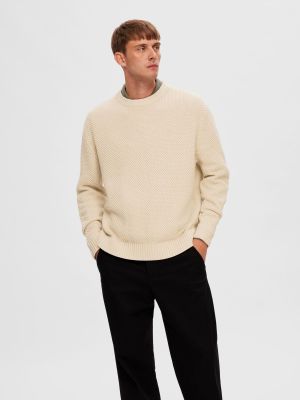 Selected Miesten Neulepaita, BERT RELAXED KNIT STU CREW Luonnonvalkoinen