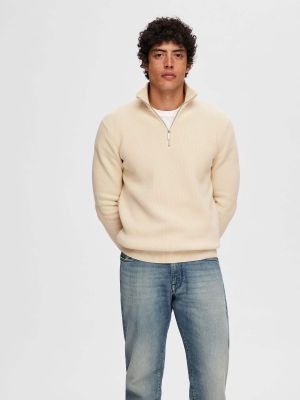 Selected Miesten Neulepusero, DANE LS KNIT STRUCTURE HALF ZIP Luonnonvalkoinen