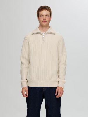 Selected Miesten Neulepusero LAND LS KNIT HALFZIP Luonnonvalkoinen