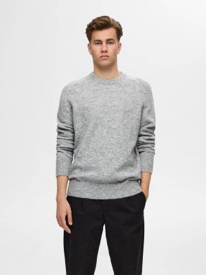 Selected Miesten Neulepusero, RAI LS KNIT CREWNECK Vaaleanharmaa