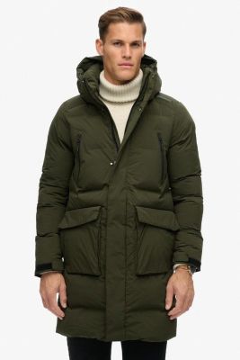 Superdry Miesten Talvitakki, Hooded Longline Puffer Jacket Tummanvihreä