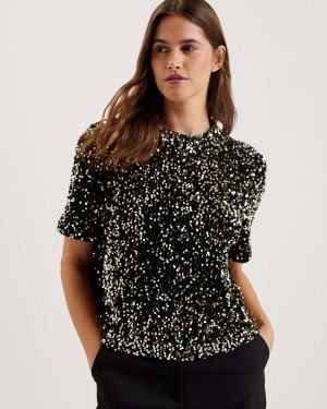 Ted Baker Naisten Pusero, ZARHAA BOXY VELVET SEQUIN TEE Musta