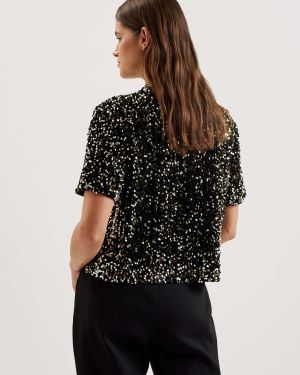 Ted Baker Naisten Pusero, ZARHAA BOXY VELVET SEQUIN TEE Musta