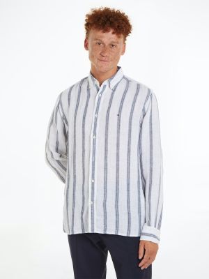 Tommy Hilfiger Miesten Kauluspaita, LINEN TRIPLE STRIPE SHIRT Raidallinen Sininen