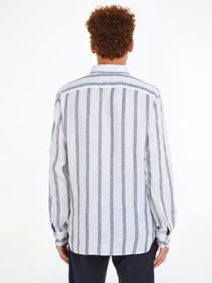 Tommy Hilfiger Miesten Kauluspaita, LINEN TRIPLE STRIPE SHIRT Raidallinen Sininen