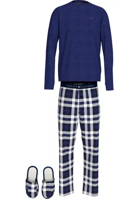 Tommy Hilfiger Miesten Pyjamasetti, LS PJ SET + FLUFFY SLIPPERS Sininen Ruutu