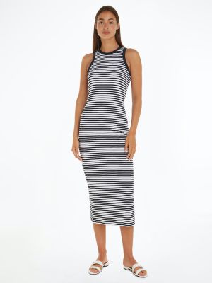 Tommy Hilfiger Naisten Maksimekko, SLIM 5X2 STR RIB MIDI DRESS Raidallinen Sininen