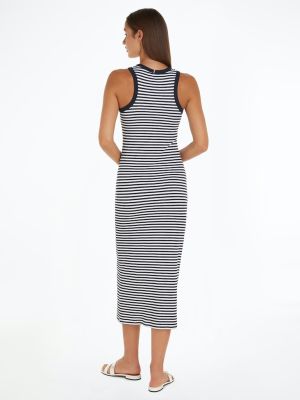 Tommy Hilfiger Naisten Maksimekko, SLIM 5X2 STR RIB MIDI DRESS Raidallinen Sininen