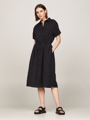 Tommy Hilfiger Naisten Mekko, LINEN SS MIDI SHIRT DRESS Musta