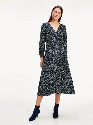 Tommy Hilfiger Naisten Mekko, RAYA WRAP DRESS LS (2nd hand) Sininen Kuosi