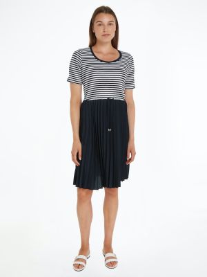 Tommy Hilfiger Naisten Mekko RIB CNK PLEATED KNEE DRESS Raidallinen Sininen