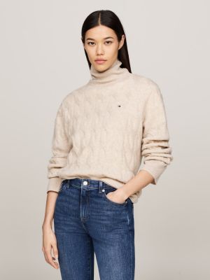 Tommy Hilfiger Naisten Neule, SOFT WOOL CABLE ROLL-NK SWEATER Luonnonvalkoinen